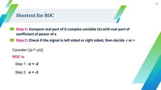 Shortcut for ROC
▰ Step 1: Compare real part of S complex variable (σ) with real part of
coefficient of power of e
▰ Step 2: Check if the signal is left sided or right sided, then decide < or >
21
Consider L[e-2t u(t)]
Step 1 : σ = -2
Step 2 : σ > -2
ROC is
 