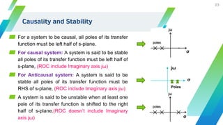 Causality and Stability
▰ For a system to be causal, all poles of its transfer
function must be left half of s-plane.
▰ For causal system: A system is said to be stable
all poles of its transfer function must be left half of
s-plane, (ROC include Imaginary axis jω)
▰ For Anticausal system: A system is said to be
stable all poles of its transfer function must be
RHS of s-plane, (ROC include Imaginary axis jω)
▰ A system is said to be unstable when at least one
pole of its transfer function is shifted to the right
half of s-plane.(ROC doesn’t include Imaginary
axis jω)
23
σ
σ
σ
jω
Poles
 