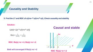 Causality and Stability
25
5. Find the LT and ROC of x(t)=e−3t u(t)+e-2t u(t), Check causality and stability
Solution:
L[x(t)= L[e−3t u(t)+e-2t u(t)]
X(s) =
1
(𝑠+3)
+
1
(𝑠+2)
ROC: Re{s} =σ >-3, Re{s} =σ >-2
ROC: Re{s} =σ >-2
- ∞ -3 -2 0 ∞
jω
σ
Both will converged if Re{s} =σ >-2
Causal and stable
 