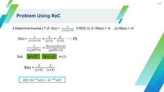 Problem Using RoC
49
4.Determine Inverse LT of X(s) =
4
(𝑠+2)(𝑠+4)
if ROC (i) -2 >Re(s) > -4 , (ii) Re(s) < -4
=
𝐴 𝑠+4 +𝐵 𝑠+2
(𝑠+2)(𝑠+4)
X(s) =
4
(𝑠+2)(𝑠+4)
=
𝐴
(𝑠+2)
+
𝐵
(𝑠+4)
4
(𝑠+2)(𝑠+4)
A = 2 B = −2
X(s) =
2
(𝑠+2)
-
2
(𝑠+4)
Sub in (1)
(1)
x(t) =2𝑒−2𝑡
𝑢 𝑡 − 2𝑒−4𝑡
𝑢 𝑡
 