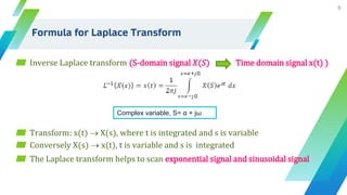 ▰ Inverse Laplace transform (S-domain signal 𝑋(𝑆) Time domain signal x(t) )
▰ Transform: x(t)  X(s), where t is integrated and s is variable
▰ Conversely X(s)  x(t), t is variable and s is integrated
▰ The Laplace transform helps to scan exponential signal and sinusoidal signal
6
Complex variable, S= α + jω
Formula for Laplace Transform
 