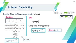 Problem : Time shifting
1. Using Time shifting property, solve
33
Solution: x(t) X(s)
L[u(t-3)] =
𝑒−3𝑠
𝑠
L[u(t-3)]
Using Time shifting property
Given : t0 =3
L[u(t-3)] = X(s) = −∞
∞
𝑢(𝑡 − 3)𝑒−𝑠𝑡
𝑑𝑡
= 3
∞
𝑒−𝑠𝑡
𝑑𝑡
=
𝑒−𝑠𝑡
−𝑠
∞
3
L[u(t-3)] = X(s) = 0
∞
𝑢(𝑡 − 3)𝑒−𝑠𝑡
𝑑𝑡
=
1
−𝑠
𝑒−∞
− 𝑒−3𝑠
𝑒−∞
= 0
L[u(t-3)] =
𝑒−3𝑠
𝑠
L[u(t)] =
1
𝑠
Wkt
 