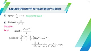 Laplace transform for elementary signals
5)
6)
Solution
W.k.t
9
Exponential signal
 