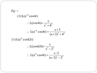 22)-(s
2-s
)4cosL(e
2s
s
L(cosh2t)
)2coshL(e(1)
43)(s
3s
)4cosL(e
4s
s
L(cos4t)
)4cosL(e(1)
:
22
2t
22
2t
22
3t-
22
3t-










t
t
t
t
Eg
 