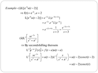  
)(cos)2(
)2(cos)2()2(L
)()()(L
theroemshiftingsecondBy
(ii)L
33
1
}{.
}{)]2(L[e
2,ef(t)
)]2((i)L[e
22
1
22
2
1-
1-
22
2
1-
)3(2
)62(
362
)2(323t-
3t-
-3t
ttu
ttu
s
s
Ltu
s
se
atuatfsfe
s
se
s
e
s
e
eLee
eLetu
a
tuExample
s
as
s
s
s
ts
ts












































 