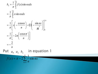 Put in equation 1
 
n
n
n
nx
n
nx
x
nxdxx
nxdxxfb
n
n
2
cos
2
1
sin
1
cos1
sin
1
sin)(
1
2
0
2
2
0
2
0






















































1
sin
1
2)(
n
nx
n
xf 
0a na nb
 