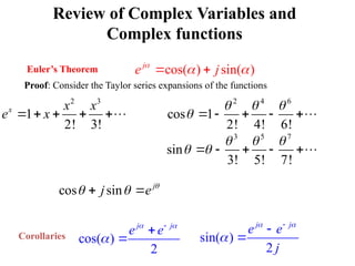 Review of Complex Variables and
Complex functions
Euler’s Theorem cos( ) sin( )
j
e j

 
 
Corollaries cos( )
2
j j
e e
 



 sin( )
2
j j
e e
j
 




Proof: Consider the Taylor series expansions of the functions
2 3
1
2! 3!
x x x
e x
    
2 4 6
cos 1
2! 4! 6!
  
     
3 5 7
sin
3! 5! 7!
  
 
    
cos sin j
j e 
 
 
 