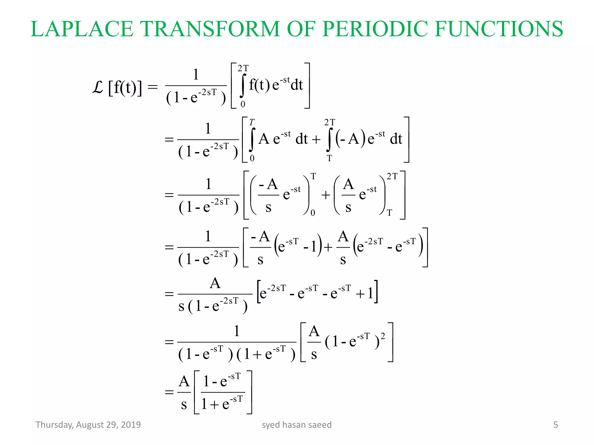 LAPLACE TRANSFORM OF PERIODIC FUNCTIONS
Thursday, August 29, 2019 syed hasan saeed 5
ℒ [f(t)] =
 
   
 


























































sT-
sT-
2sT-
sT-sT-
sT-sT-2sT-
2sT-
sT-2sT-sT-
2sT-
2T
T
st-
T
0
st-
2sT-
2T
T
st-
0
st-
2sT-
2T
0
st-
2sT-
e1
e-1
s
A
)e-1(
s
A
)e1()e-1(
1
1e-e-e
)e-1(s
A
e-e
s
A
1-e
s
A-
)e-1(
1
e
s
A
e
s
A-
)e-1(
1
dteA-dteA
)e-1(
1
dtef(t)
)e-1(
1
T
 