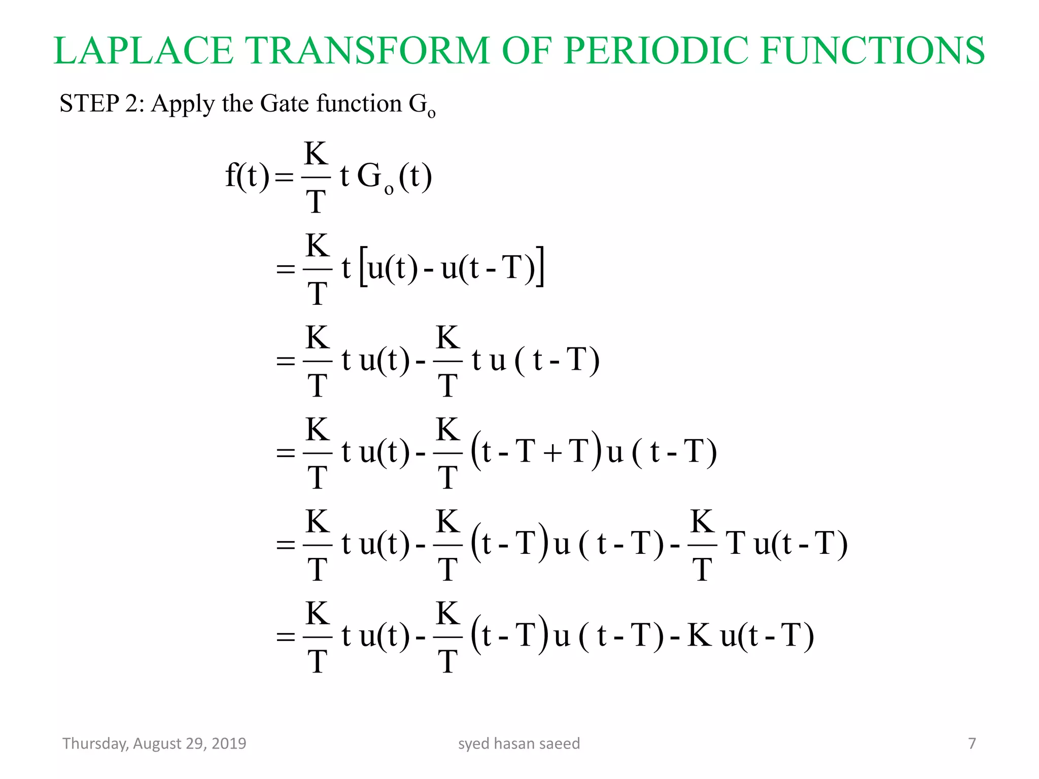 LAPLACE TRANSFORM OF PERIODIC FUNCTIONS
Thursday, August 29, 2019 syed hasan saeed 7
 
 
 
  T)-u(tK-T)-t(uT-t
T
K
-u(t)t
T
K
T)-u(tT
T
K
-T)-t(uT-t
T
K
-u(t)t
T
K
T)-t(uTT-t
T
K
-u(t)t
T
K
T)-t(ut
T
K
-u(t)t
T
K
T)-u(t-u(t)t
T
K
(t)Gt
T
K
f(t) o






STEP 2: Apply the Gate function Go
 