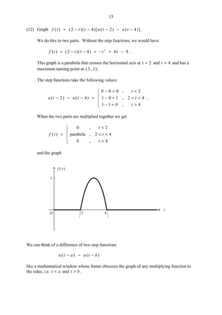 13
(12) Graph ])4()2([)4()2()( −−−−−= tututttf .
We do this in two parts. Without the step functions, we would have
86)4()2()( 2
−+−=−−= tttttf .
This graph is a parabola that crosses the horizontal axis at 2=t and 4=t and has a
maximum turning point at )1,3( .
The step functions take the following values:





>=−
<<=−
<=−
=−−−
4,011
42,101
2,000
)4()2(
t
t
t
tutu .
When the two parts are multiplied together we get





>
<<
<
=
4,0
42,parabola
2,0
)(
t
t
t
tf
and the graph
f ( t )
t
O 2 4
1
We can think of a difference of two step functions
)()( btuatu −−−
like a mathematical window whose frame obscures the graph of any multiplying function to
the sides, i.e. at < and bt > .
 