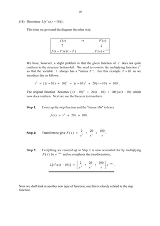 19
(18) Determine ])10([ 2
−tutL .
This time we go round the diagram the other way:
Ts
esFTtuTtf
sFtf
−
−−
↓↑
→
)()()(
)()(
We have, however, a slight problem in that the given function of t does not quite
conform to the structure bottom-left. We need to re-write the multiplying function 2
t
so that the variable t always has a “minus T ”. For this example 10=T so we
introduce this as follows:
100)10(20)10(]10)10([ 222
+−+−=+−= tttt .
The original function becomes )10(]100)10(20)10([ 2
−+−+− tutt which
now does conform. Next we use the theorem to transform:
Step 1: Cover up the step function and the “minus 10s” to leave
10020)( 2
++= tttf .
Step 2: Transform to give
sss
sF
100202
)( 23
++= .
Step 3: Everything we covered up in Step 1 is now accounted for by multiplying
)(sF by s
e 10−
and so completes the transformation,
s
e
sss
tutL 10
23
2 100202
])10([ −






++=− .
Now we shall look at another new type of function, one that is closely related to the step
function.
 