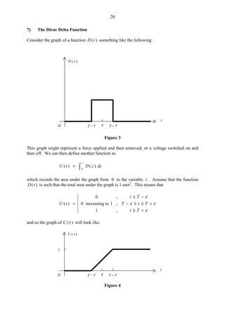 20
7) The Dirac Delta Function
Consider the graph of a function )(tD something like the following:
TT − ε T + ε
t
D ( t )
O
Figure 3
This graph might represent a force applied and then removed, or a voltage switched on and
then off. We can then define another function as
=
t
dzzDtU
0
)()(
which records the area under the graph from 0 to the variable t . Assume that the function
)(tD is such that the total area under the graph is 1 unit2
. This means that





+≥
+≤≤−
−≤
=
ε
εε
ε
Tt
TtT
Tt
tU
,1
,1toincreasing0
,0
)(
and so the graph of )(tU will look like
TT − ε T + ε
t
U ( t )
O
1
Figure 4
 