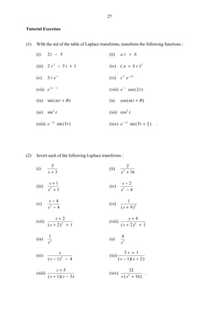 27
Tutorial Exercises
(1) With the aid of the table of Laplace transforms, transform the following functions :
(i) 2 5t − (ii) a t b+
(iii) 2 3 12
t t− + (iv) ( )a b t+ 2
(v) 3 t e t
(vi) t e t2 2−
(vii) e t2 1−
(viii) e tt−
cos( )2
(ix) sin( )ω θt + (x) cos( )ω θt +
(xi) sin2
t (xii) cos2
t
(xiii) e tt− 2
5sin( ) (xiv) e tt−
+2
45sin( )π
.
(2) Invert each of the following Laplace transforms :
(i)
5
3s +
(ii)
2
162
s +
(iii)
s
s
+
+
1
12
(iv)
s
s
−
−
2
42
(v)
s
s
−
−
4
42
(vi)
1
9 2
( )s +
(vii)
s
s
+
+ +
2
2 12
( )
(viii)
s
s
+
+ +
4
2 12
( )
(ix)
1
4
s
(x)
4
5
s
(xi)
s
s( )− −1 42
(xii)
5 1
1 2
s
s s
+
− +( )( )
(xiii)
s
s s
+
+ −
5
1 3( )( )
(xiv)
32
162
s s( )+
.
 