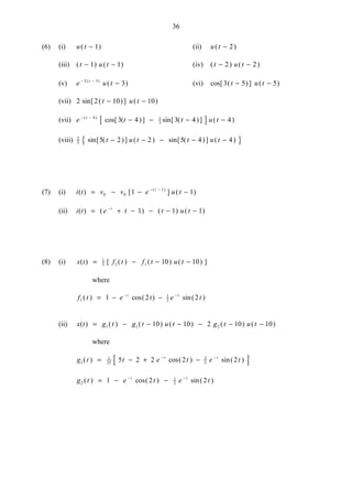 36
(6) (i) u t( )− 1 (ii) u t( )− 2
(iii) ( ) ( )t u t− −1 1 (iv) ( ) ( )t u t− −2 2
(v) e u tt− −
−2 3
3( )
( ) (vi) cos[ ( )] ( )3 5 5t u t− −
(vii) 2 2 10 10sin[ ( )] ( )t u t− −
(vii) [ ]e t t u tt− −
− − − −( )
cos[ ( )] sin[ ( )] ( )4 1
33 4 3 4 4
(viii) { }2
5 5 2 2 5 4 4sin[ ( )] ( ) sin[ ( )] ( )t u t t u t− − − − −
(7) (i) i t v v e u tt
( ) [ ] ( )( )
= − − −− −
0 0
1
1 1
(ii) i t e t t u tt
( ) ( ) ( ) ( )= + − − − −−
1 1 1
(8) (i) x t f t f t u t( ) [ ( ) ( ) ( ) ]= − − −1
5 1 1 10 10
where
f t e t e tt t
1
1
21 2 2( ) cos( ) sin( )= − −− −
(ii) x t g t g t u t g t u t( ) ( ) ( ) ( ) ( ) ( )= − − − − − −1 1 210 10 2 10 10
where
[ ]g t t e t e tt t
1
1
25
3
25 2 2 2 2( ) cos( ) sin( )= − + −− −
g t e t e tt t
2
1
21 2 2( ) cos( ) sin( )= − −− −
 