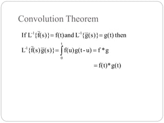 Convolution Theorem
g(t)*f(t)
g*fu)-g(tf(u)(s)}g(s)f{L
theng(t)(s)}g{Landf(t)(s)}f{LIf
t
0
1-
-1-1




 