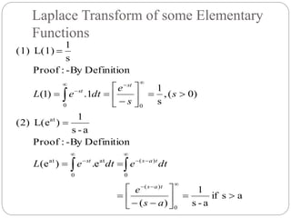Laplace Transform of some Elementary
Functions
asif
a-s
1
)(
e.)e(
Definition-By:Proof
a-s
1
)L(e(2)
)0(,
s
1
1.)1(
Definition-By:Proof
s
1
L(1)(1)
0
)(
0
)(
0
atat
at
00
























 



as
e
dtedteL
s
s
e
dteL
tas
tasst
st
st
 