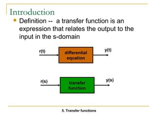 Introduction 
 Definition -- a transfer function is an 
expression that relates the output to the 
input in the s-domain 
r(t) y(t) 
differential 
equation 
r(s) y(s) 
transfer 
function 
5. Transfer functions 
 