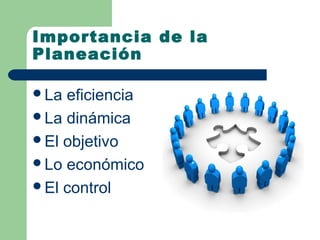 Importancia de la
Planeación

La eficiencia
La dinámica
El objetivo
Lo económico
El control
 