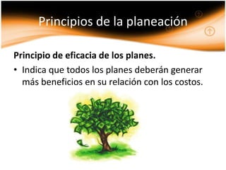 Principios de la planeación

Principio de eficacia de los planes.
• Indica que todos los planes deberán generar
  más beneficios en su relación con los costos.
 
