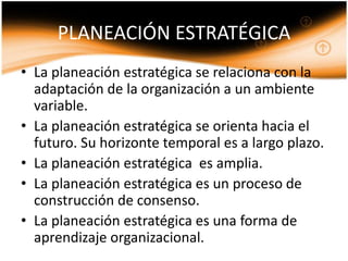 PLANEACIÓN ESTRATÉGICA
• La planeación estratégica se relaciona con la
  adaptación de la organización a un ambiente
  variable.
• La planeación estratégica se orienta hacia el
  futuro. Su horizonte temporal es a largo plazo.
• La planeación estratégica es amplia.
• La planeación estratégica es un proceso de
  construcción de consenso.
• La planeación estratégica es una forma de
  aprendizaje organizacional.
 