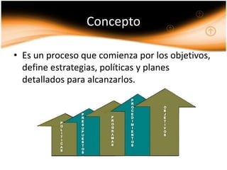 Concepto

• Es un proceso que comienza por los objetivos,
  define estrategias, políticas y planes
  detallados para alcanzarlos.
 