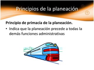 Principios de la planeación

Principio de primacía de la planeación.
• Indica que la planeación precede a todas la
  demás funciones administrativas
 