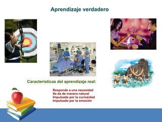 Aprendizaje verdadero




Características del aprendizaje real:

             Responde a una necesidad
             Se da de manera natural
             Impulsado por la curiosidad
             Impulsado por la emoción
 
