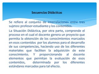 Secuencias Didácticas

Se refiere al conjunto de interrelaciones entre tres
sujetos: profesor-estudiante-y los contenidos.
La Situación Didáctica, por otra parte, comprende el
proceso en el cual el docente genera un proyecto que
permita la obtención de los conocimientos marcados
en esos contenidos por los alumnos para el desarrollo
de sus competencias, haciendo uso de los diferentes
materiales que faciliten la adquisición de este
conocimiento. Y proporcionando al docente
elementos que permitan la evaluación de esos
contenidos,      determinada por los diferentes
estándares marcados para tal efecto.
 