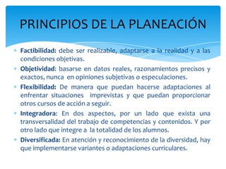PRINCIPIOS DE LA PLANEACIÓN
Factibilidad: debe ser realizable, adaptarse a la realidad y a las
condiciones objetivas.
Objetividad: basarse en datos reales, razonamientos precisos y
exactos, nunca en opiniones subjetivas o especulaciones.
Flexibilidad: De manera que puedan hacerse adaptaciones al
enfrentar situaciones imprevistas y que puedan proporcionar
otros cursos de acción a seguir.
Integradora: En dos aspectos, por un lado que exista una
transversalidad del trabajo de competencias y contenidos. Y por
otro lado que integre a la totalidad de los alumnos.
Diversificada: En atención y reconocimiento de la diversidad, hay
que implementarse variantes o adaptaciones curriculares.
 