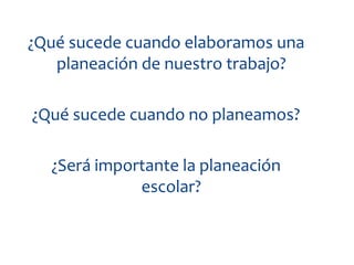 ¿Qué sucede cuando elaboramos una
   planeación de nuestro trabajo?

¿Qué sucede cuando no planeamos?

  ¿Será importante la planeación
             escolar?
 