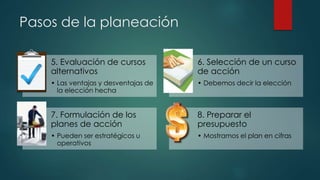 5. Evaluación de cursos
alternativos
• Las ventajas y desventajas de
la elección hecha
6. Selección de un curso
de acción
• Debemos decir la elección
7. Formulación de los
planes de acción
• Pueden ser estratégicos u
operativos
8. Preparar el
presupuesto
• Mostramos el plan en cifras
Pasos de la planeación
 