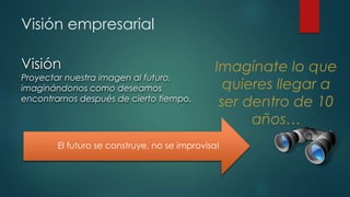 Visión empresarial
Visión
Proyectar nuestra imagen al futuro,
imaginándonos como deseamos
encontrarnos después de cierto tiempo.
El futuro se construye, no se improvisa!
 