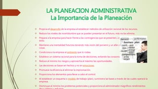 LA PLANEACION ADMINISTRATIVA
La Importancia de la Planeación
 Propicia el desarrollo de la empresa al establecer métodos de utilización racional de los recursos.
 Reduce los niveles de incertidumbre que se pueden presentar en el futuro, más no los elimina.
 Prepara a la empresa para hacer frente a las contingencias que se presenten, con las mayores garantías de
éxito.
 Mantiene una mentalidad futurista teniendo más visión del porvenir y un afán de lograr y mejorar las
cosas.
 Condiciona a la empresa al ambiente que lo rodea.
 Establece un sistema racional para la toma de decisiones, evitando las corazonadas o empirismo.
 Reduce al mínimo los riesgos y aprovecha al máximo las oportunidades.
 Las decisiones se basan en hechos y no en emociones.
 Promueve la eficiencia al eliminar la improvisación.
 Proporciona los elementos para llevar a cabo el control.
 Al establecer un esquema o modelo de trabajo (plan), suministra las bases a través de las cuales operará la
empresa.
 Disminuye al mínimo los problemas potenciales y proporciona al administrador magníficos rendimientos
 