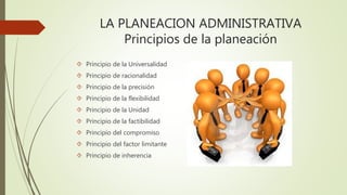 LA PLANEACION ADMINISTRATIVA
Principios de la planeación
 Principio de la Universalidad
 Principio de racionalidad
 Principio de la precisión
 Principio de la flexibilidad
 Principio de la Unidad
 Principio de la factibilidad
 Principio del compromiso
 Principio del factor limitante
 Principio de inherencia
 