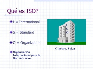 Qué es ISO? I = International S = Standard O = Organization Organización Internacional para la Normalización. Ginebra, Suiza I S O 
