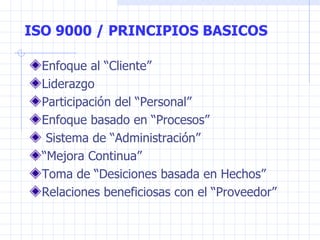 ISO 9000 / PRINCIPIOS BASICOS Enfoque al “Cliente” Liderazgo Participación del “Personal” Enfoque basado en “Procesos” Sistema de “Administración” “ Mejora Continua” Toma de “Desiciones basada en Hechos” Relaciones beneficiosas con el “Proveedor” 