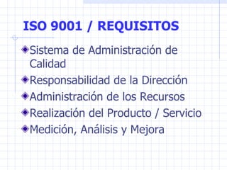 ISO 9001 / REQUISITOS Sistema de Administración de Calidad Responsabilidad de la Dirección Administración de los Recursos Realización del Producto / Servicio Medición, Análisis y Mejora 