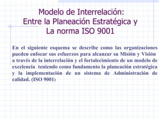 Modelo de Interrelación: Entre la Planeación Estratégica y  La norma ISO 9001   En el siguiente esquema se describe como las organizaciones pueden enfocar sus esfuerzos para alcanzar su Misión y Visión  a través de la interrelación y el fortalecimiento de un modelo de excelencia  teniendo como fundamento la planeación estratégica y la implementación de un sistema de Administración de calidad. (ISO 9001 ) 