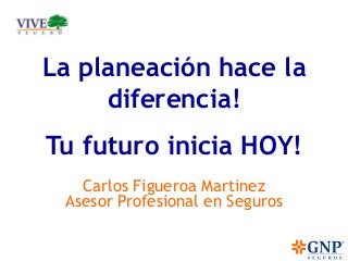 La planeación hace la 
diferencia! 
Tu futuro inicia HOY! 
Carlos Figueroa Martinez 
Asesor Profesional en Seguros 
 