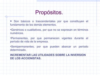 Propósitos. Son básicos o trascendentales por que constituyen el fundamento de los demás elementos. Genéricos o cualitativos, por que no se expresan en términos numéricos. Permanentes, por que permanecen vigentes durante el período de vida de la empresa. Semipermanentes, por que pueden abarcar un período determinado. INCREMENTAR LAS UTILIDADES SOBRE LA INVERSION DE LOS ACCIONISTAS. 