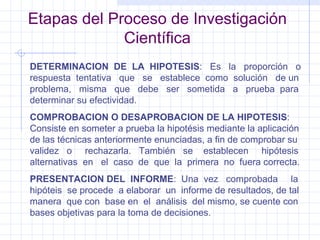 Etapas del Proceso de Investigación Científica DETERMINACION  DE  LA  HIPOTESIS :  Es  la  proporción  o respuesta  tentativa  que  se  establece  como  solución  de un problema,  misma  que  debe  ser  sometida  a  prueba  para determinar su efectividad. COMPROBACION O DESAPROBACION DE LA HIPOTESIS : Consiste en someter a prueba la hipotésis mediante la aplicación de las técnicas anteriormente enunciadas, a fin de comprobar su validez  o  rechazarla.  También  se  establecen  hipótesis alternativas  en  el  caso  de  que  la  primera  no  fuera correcta. PRESENTACION DEL  INFORME :  Una  vez  comprobada  la hipóteis  se procede  a elaborar  un  informe de resultados, de tal manera  que con  base en  el  análisis  del mismo, se cuente con bases objetivas para la toma de decisiones. 