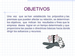OBJETIVOS Una  vez  que  se han  establecido  los  própositos y las premisas que pueden afectar su relación, se determinan los objetivos,  que  indican  los  resultados o fines que la empresa  desea  lograr en un tiempo determinado y que proporciona las pautas o directrices básicas hacia donde dirigir los esfuerzos y recursos. 