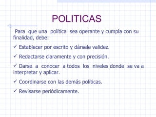 POLITICAS Para  que una  política  sea operante y cumpla con su finalidad, debe: Establecer por escrito y dársele validez. Redactarse claramente y con precisión. Darse  a  conocer  a todos  los  niveles donde  se va a interpretar y aplicar. Coordinarse con las demás políticas. Revisarse periódicamente. 