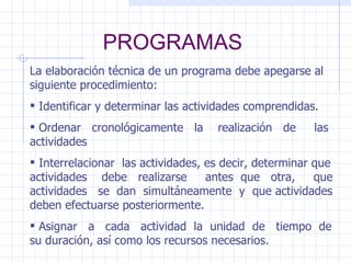 PROGRAMAS La elaboración técnica de un programa debe apegarse al siguiente procedimiento: Identificar y determinar las actividades comprendidas. Ordenar  cronológicamente  la  realización  de  las actividades Interrelacionar  las actividades, es decir, determinar que actividades  debe  realizarse  antes  que  otra,  que actividades  se  dan  simultáneamente  y  que actividades deben efectuarse posteriormente. Asignar  a  cada  actividad  la  unidad  de  tiempo  de su duración, así como los recursos necesarios. 