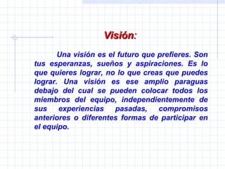 Visión :   Una visión es el futuro que prefieres. Son tus esperanzas, sueños y aspiraciones. Es lo que quieres lograr, no lo que creas que puedes lograr. Una visión es ese amplio paraguas debajo del cual se pueden colocar todos los miembros del equipo, independientemente de sus experiencias pasadas, compromisos anteriores o diferentes formas de participar en el equipo. 