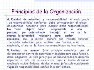 Principios de la Organización 4. Paridad  de autoridad  y  responsabilidad .  A  cada  grado  de responsabilidad  conferido,  debe  corresponder  el  grado de autoridad  necesaria  para  cumplir  dicha  responsabilidad.  No  tiene  objeto  hacer  responsable  a  una  persona  por  determinado  trabajo  si  no  se  le  otorga  la autoridad  necesaria  para  poder  realizarlo.   De  la  misma  manera  que  resulta  absurda  conceder  autoridad  para  realizar  una  función,  a  un  empleado,  si  no  se  le  hace  responsable por los resultados. 5. Unidad  de  mando .  Este  principio  establece  que  el determinar un centro de autoridad y decisión para cada función, debe  asignarse  un  solo jefe y que los subordinados no deberán reportar  a  más  de  un  supervisor,  pues  el  hecho  de que un empleado reciba  órdenes  de dos  o  mas  jefes solo ocasionarán fugas de responsabilidad, confusión e ineficiencia. 