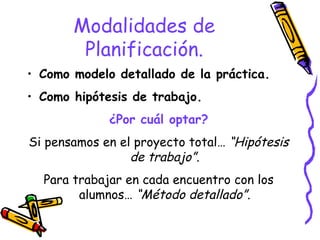 Modalidades de Planificación. Como modelo detallado de la práctica. Como hipótesis de trabajo. ¿Por cuál optar? Si pensamos en el proyecto total…  “Hipótesis de trabajo”. Para trabajar en cada encuentro con los alumnos…  “Método detallado”. 