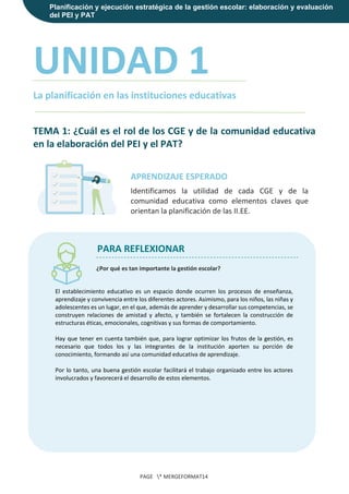 Planificación y ejecución estratégica de la gestión escolar: elaboración y evaluación
del PEI y PAT
PAGE * MERGEFORMAT14
UNIDAD 1
La planificación en las instituciones educativas
TEMA 1: ¿Cuál es el rol de los CGE y de la comunidad educativa
en la elaboración del PEI y el PAT?
APRENDIZAJE ESPERADO
Identificamos la utilidad de cada CGE y de la
comunidad educativa como elementos claves que
orientan la planificación de las II.EE.
PARA REFLEXIONAR
¿Por qué es tan importante la gestión escolar?
El establecimiento educativo es un espacio donde ocurren los procesos de enseñanza,
aprendizaje y convivencia entre los diferentes actores. Asimismo, para los niños, las niñas y
adolescentes es un lugar, en el que, además de aprender y desarrollar sus competencias, se
construyen relaciones de amistad y afecto, y también se fortalecen la construcción de
estructuras éticas, emocionales, cognitivas y sus formas de comportamiento.
Hay que tener en cuenta también que, para lograr optimizar los frutos de la gestión, es
necesario que todos los y las integrantes de la institución aporten su porción de
conocimiento, formando así una comunidad educativa de aprendizaje.
Por lo tanto, una buena gestión escolar facilitará el trabajo organizado entre los actores
involucrados y favorecerá el desarrollo de estos elementos.
 