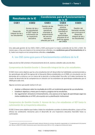 |
Unidad 1 – Tema 1
PAGE * MERGEFORMAT15
Resultados de la IE
Condiciones para el funcionamiento
de la IE
CGE1 CGE2 CGE3 CGE4 CGE5
Desarrollo
integral de las y
los estudiantes
Acceso de las y
los estudiantes
al SEP hasta la
culminación de
su trayectoria
educativa
Gestión de las
condiciones
operativas
orientada al
sostenimiento
del servicio
educativo
ofrecido por la IE
Gestión de la
práctica
pedagógica
orientada al
logro de
aprendizajes
previstos en el
perfil de egreso
del CNEB
Gestión del
bienestar escolar
que promueva el
desarrollo
integral de las y
los estudiantes.
Una adecuada gestión de los CGE3, CGE4 y CGE5 promueven la mejora sostenida de los CG1 y CGE2. De
manera que, si hay una mejora en los compromisos referidos a las condiciones para el funcionamiento de la
IE, habrá una mejora en los compromisos referidos a resultados.
4. Los CGE como guía para el funcionamiento cotidiano de la IE
Cada uno de los CGE orientan el funcionamiento de la IE, veamos a detalle cada uno de ellos:
Compromiso de Gestión Escolar 1: Desarrollo integral de las y los estudiantes.
El CGE1 tiene como objetivo que las y los estudiantes de la IE desarrollen las habilidades socioemocionales y
los aprendizajes del perfil de egreso de la Educación Básica establecidos en el CNEB, en vinculación con las
demandas de su entorno y en un marco de la atención a la diversidad. Para ello, la IE debe monitorear los
niveles de desarrollo de las competencias en relación con los estándares de aprendizaje establecidos por el
CNEB para cada ciclo.
Algunas acciones que puede realizar la IE son:
● Analizar y reflexionar sobre los resultados de la ECE y el rendimiento general de sus estudiantes.
● Establecer objetivos y metas para la mejora y progreso de los estudiantes.
● Dar seguimiento3
, bimestral o trimestralmente, a los avances en los logros de aprendizajes según las
metas establecidas en el PAT y de acuerdo con su planificación institucional.
Compromiso de Gestión Escolar 2: Acceso de las y los estudiantes al SEP hasta la
culminación de su trayectoria educativa.
El CGE 2 tiene como objetivo que todas y todos los estudiantes accedan al sistema educativo, y que su IE les
ofrezca las condiciones necesarias para el desarrollo de una trayectoria educativa favorable hasta su
culminación.
3
El seguimiento de la planificación institucional puede realizarse durante las semanas de gestión programadas en la calendarización del presente
año. Revisar la RVM N°273-2020. Orientaciones para el desarrollo escolar 2021 en II.EE. y programas de educación básica.
 