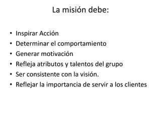 La misión debe:

•   Inspirar Acción
•   Determinar el comportamiento
•   Generar motivación
•   Refleja atributos y talentos del grupo
•   Ser consistente con la visión.
•   Reflejar la importancia de servir a los clientes
 